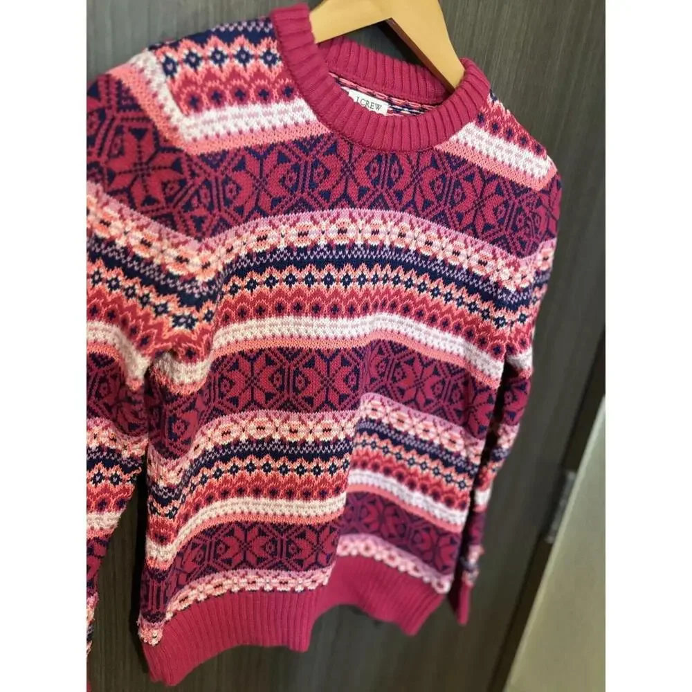 J.Crew Sweater Women's XS Pink Blue Cotton Ribbed Crew Neck Fair‎ Isle Pullover